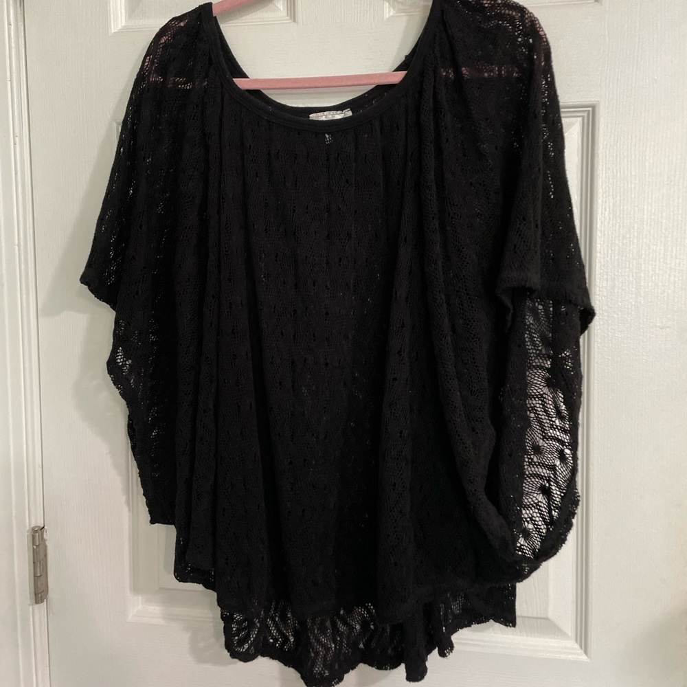 Womens Sheer Crochet Flowing Black Blouse